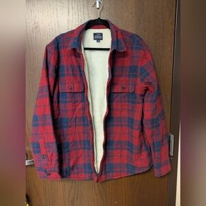 J Crew Men's Sherpa Lined Shirt Jacket Large Red Blue Plaid Flannel Button Up